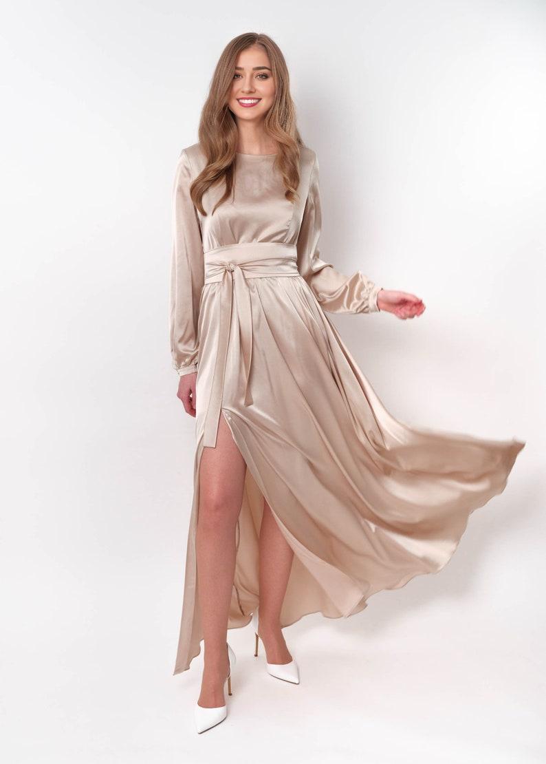 Champagne Long Sleeved Formal Bridesmaid Dress With Decoration On The Front